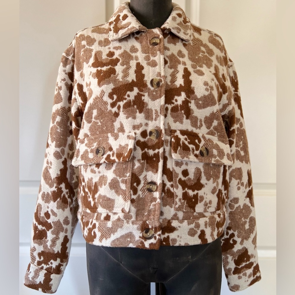 NWT Sonoma Leopard Print Jacket Brown Cream Button Front Shacket Small